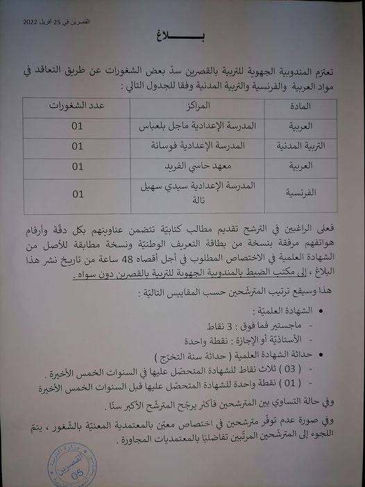 المندوبية الجهوية للتربية بالقصرين تنتدب